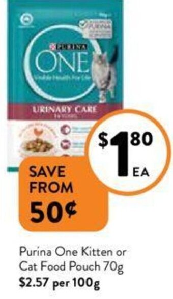 Foodworks Purina One Kitten or Cat Food Pouch 70g offer