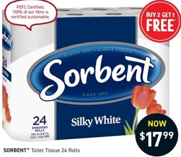 SORBENT Toilet Tissue 24 Rolls offer at Chemist King