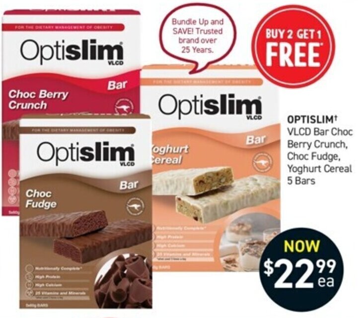 OPTISLIM VLCD Bar Choc Berry Crunch, Choc Fudge, Yoghurt Cereal 5 Bars