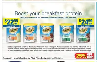 Sustagen Hospital Active or Plus Fibre 840g Assorted Variants