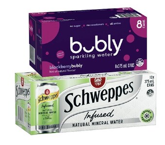 Coles Bubly sparkling water 8x375ml or schweppes sparkling water 10x375ml offer