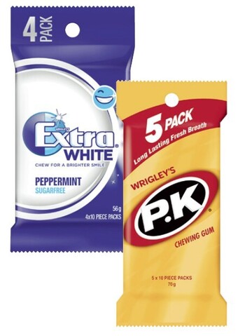 Coles Extra 4 pack or p.k 5 pack chewing gum 56g-70g offer