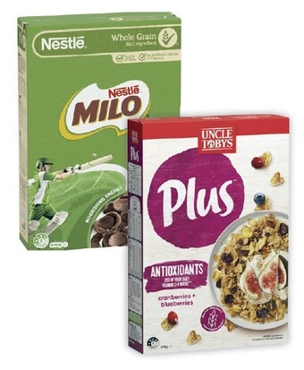Coles Nestlé milo cereal 535g-620g or uncle tobys plus cereal 565g-700g offer
