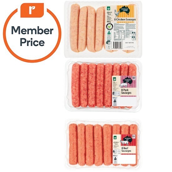 Woolworths beef, pork or chicken sausage or chipolata varieties 600g