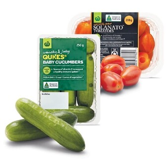 Woolworths Australian sweet solanato tomatoes 200g punnet or qukes baby cucumbers 250g pack offer
