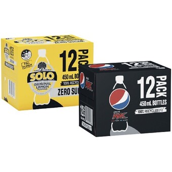 Woolworths Pepsi, solo, passiona, solo zero, raspberry zero or mountain dew soft drink bottles 12 x 450ml offer