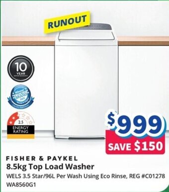 FISHER & PAYKEL 8.5kg Top Load Washer