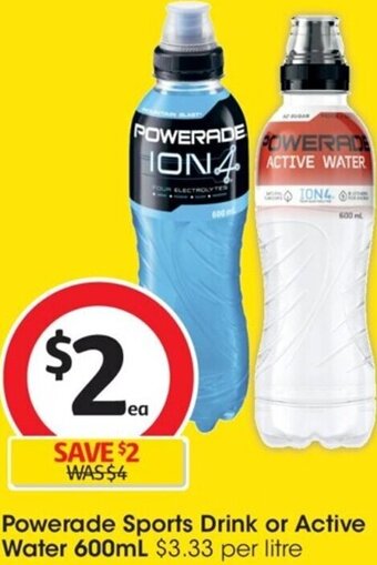 Coles Powerade Sports Drink or Active Water 600mL offer