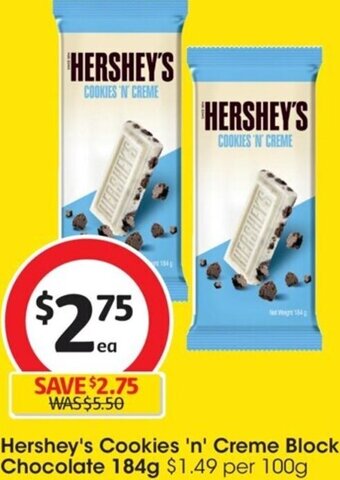 Coles Hershey's Cookies 'n' Creme Block Chocolate 184g offer