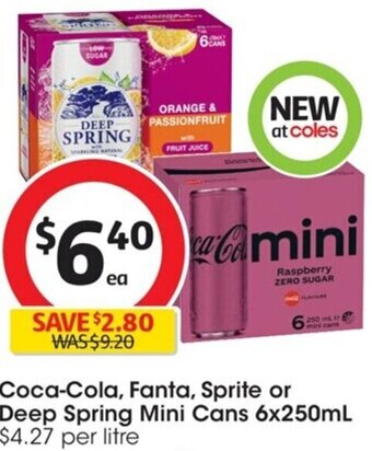 Coles Coca-Cola, Fanta, Sprite or Deep Spring Mini Cans 6x250mL offer