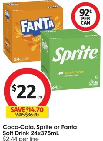 Coles Coca-Cola, Sprite or Fanta Soft Drink 24x375mL offer