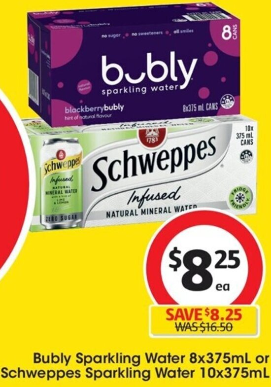Bubly Sparkling Water 8x375mL or Schweppes Sparkling Water 10x375mL