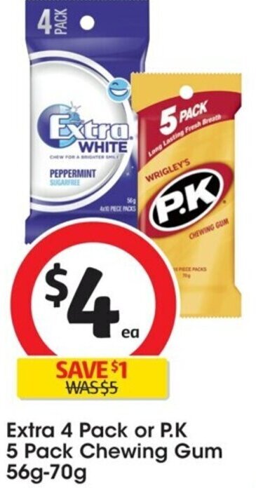 Coles Extra 4 Pack or P.K 5 Pack Chewing Gum 56g-70g offer
