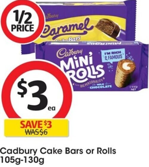 Coles Cadbury Cake Bars or Rolls 105g-130g offer