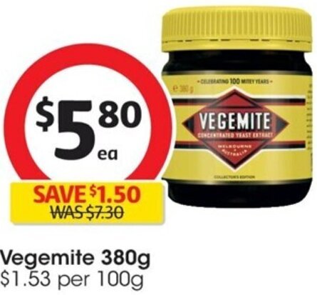Coles Vegemite Vegemite 380g $1.53 per 100g offer