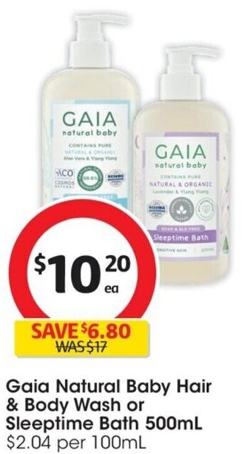 Coles Gaia Natural Baby Hair & Body Wash or Sleeptime Bath 500mL offer