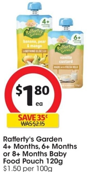 Coles Rafferty's Garden 4+ Months, 6+ Months or 8+ Months Baby Food Pouch 120g offer