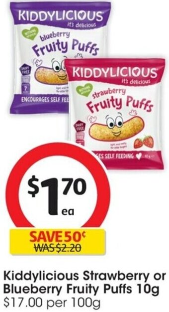 Coles Kiddylicious Strawberry or Blueberry Fruity Puffs 10g offer