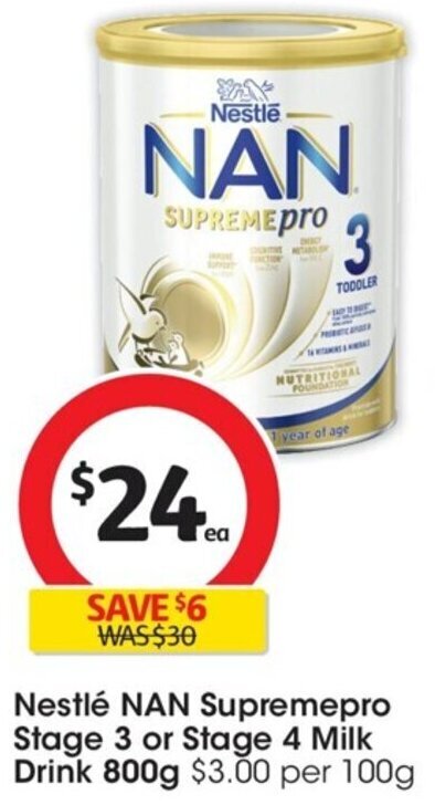 Coles Nestlé NAN Supremepro Stage 3 or Stage 4 Milk Drink 800g offer