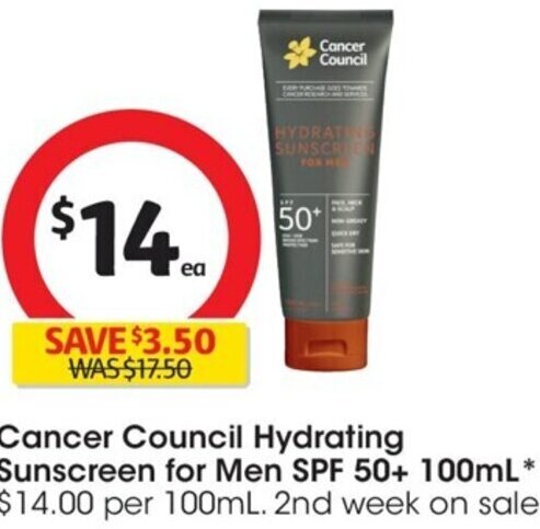 Coles Cancer Council Hydrating Sunscreen for Men SPF 50+ 100mL offer