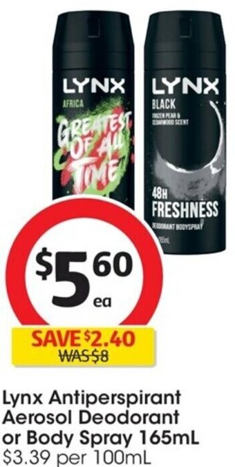 Coles Lynx Antiperspirant Aerosol Deodorant or Body Spray 165mL offer