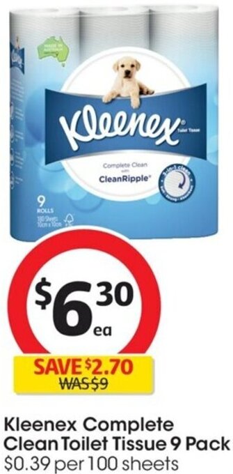 Coles Kleenex Complete Clean Toilet Tissue 9 Pack offer