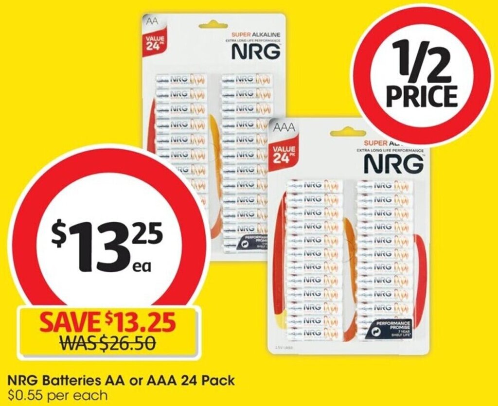 Coles NRG Batteries AA or AAA 24 Pack offer