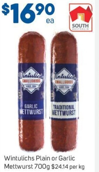 Foodland Wintulichs Plain or Garlic Mettwurst 700g offer