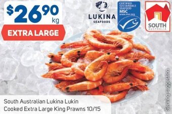 Foodland South Australian Lukina Lukin Cooked Extra Large King Prawns 10/15 offer