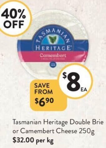 Foodworks Tasmanian Heritage Double Brie or Camembert Cheese 250g offer