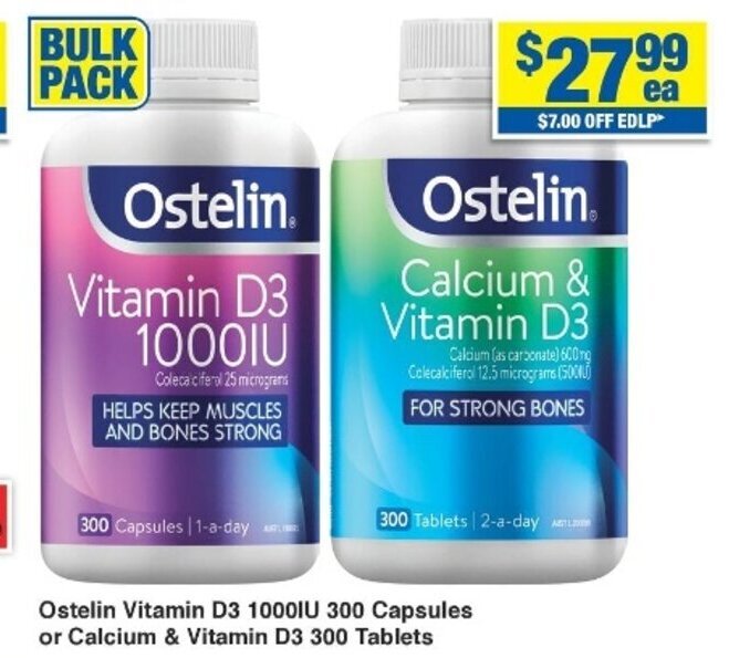 Ostelin Vitamin D3 1000IU 300 Capsules or Calcium & Vitamin D3 300 Tablets offer at My Chemist