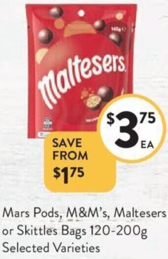 Foodworks Mars Pods, M&M's, Maltesers or Skittles Bags 120-200g offer