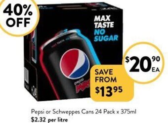 Foodworks Pepsi or Schweppes Cans 24 Pack x 375ml offer