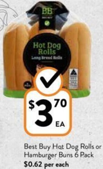 Foodworks Best Buy Hot Dog Rolls or Hamburger Buns 6 Pack offer