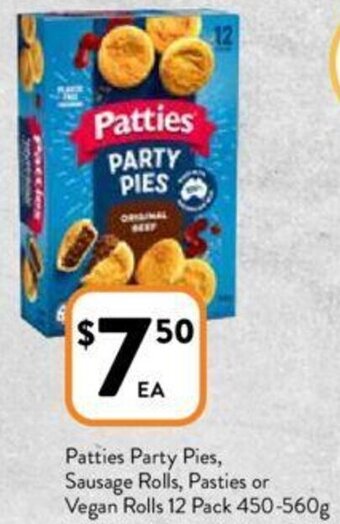 Foodworks Patties Party Pies, Sausage Rolls, Pasties or Vegan Rolls 12 Pack 450-560g offer