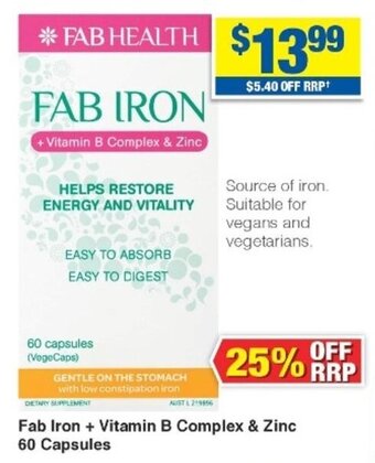 Fab Iron + Vitamin B Complex & Zinc 60 Capsules