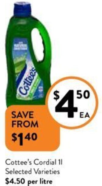 Foodworks Cottee's Cordial 1L Selected Varieties offer
