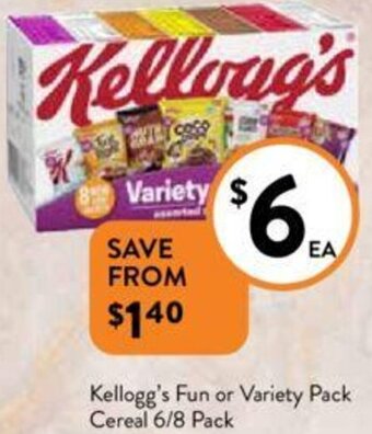 Foodworks Kellogg's Fun or Variety Pack Cereal 6/8 Pack offer