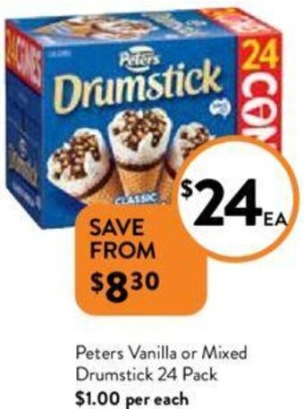 Foodworks Peters Vanilla or Mixed Drumstick 24 Pack offer
