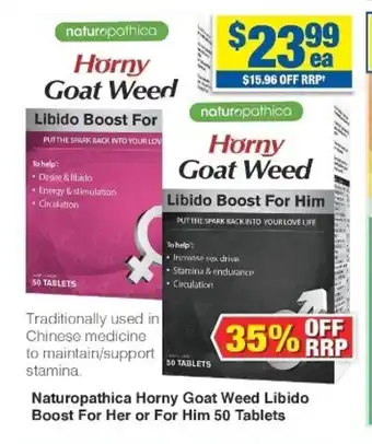 My Chemist Naturopathica Horny Goat Weed Libido for Him or Her 50 Tablets offer