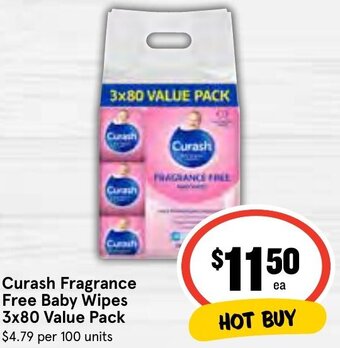 IGA Curash Fragrance Free Baby Wipes 3x80 Value Pack offer