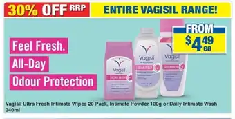My Chemist Vagisil Ultra Fresh Intimate 20 Pack, Intimate Powder 100g or Daily Intimate Wash 240ml offer