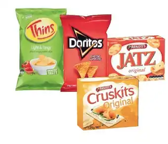 Coles Thins Potato Chips 150g-175g, Arnottu2019s Jatz Crackers 225g, Doritos Corn Chips 150g-170g or Arnottu2019s Cruskits Crispbre offer