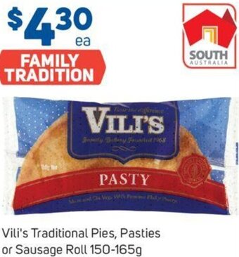Foodland Vili's Traditional Pies, Pasties or Sausage Roll 150-165g offer