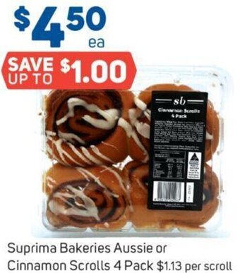 Foodland Suprima Bakeries Aussie or Cinnamon Scrolls 4 Pack offer