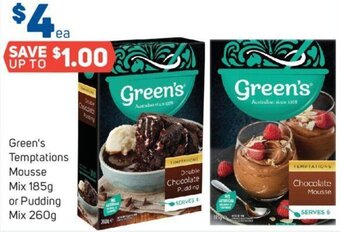 Foodland Green's Temptations Mousse Mix 185g or Pudding Mix 260g offer