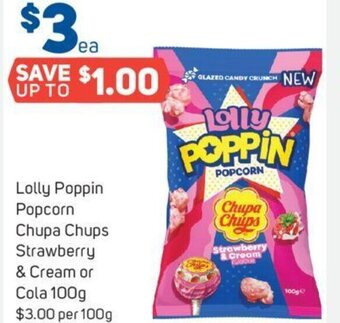 Foodland Lolly Poppin Popcorn Chupa Chups Strawberry & Cream or Cola 100g offer