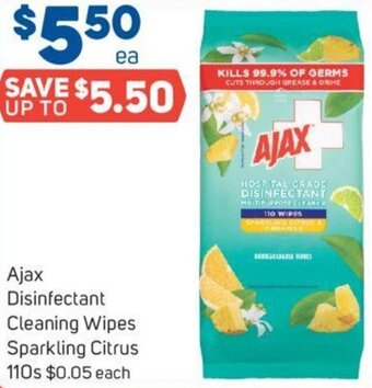 Foodland Ajax Disinfectant Cleaning Wipes Sparkling Citrus 110s offer