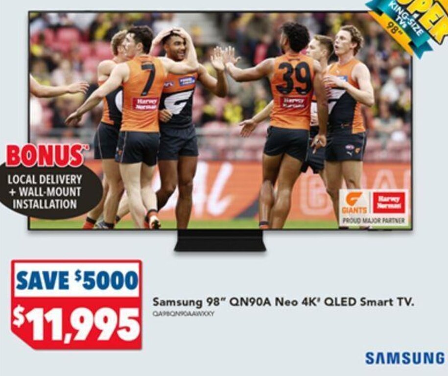 Samsung 98" QN90A Neo 4K* QLED Smart TV offer at Harvey Norman