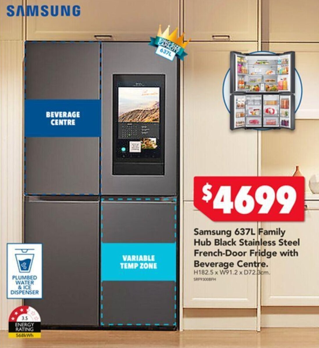 Samsung 637L Family Hub Black Stainless Steel FrenchDoor Fridge with Beverage Centre. H182.5 x